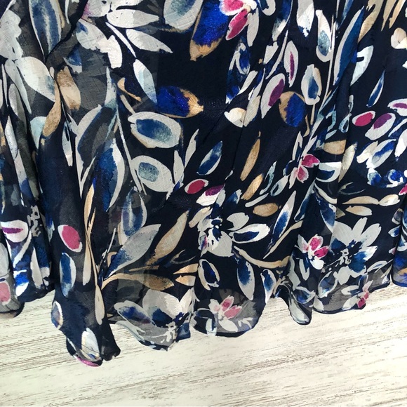 DKNY Floral Long Sheer Sleeve A Line Midi Modest Belted Dress 2 Navy - Picture 8 of 13